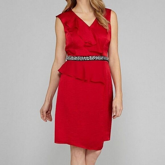 NWT Antonio Melani 12 Red Satin Claudette cocktail dress with beaded waist - Picture 1 of 11